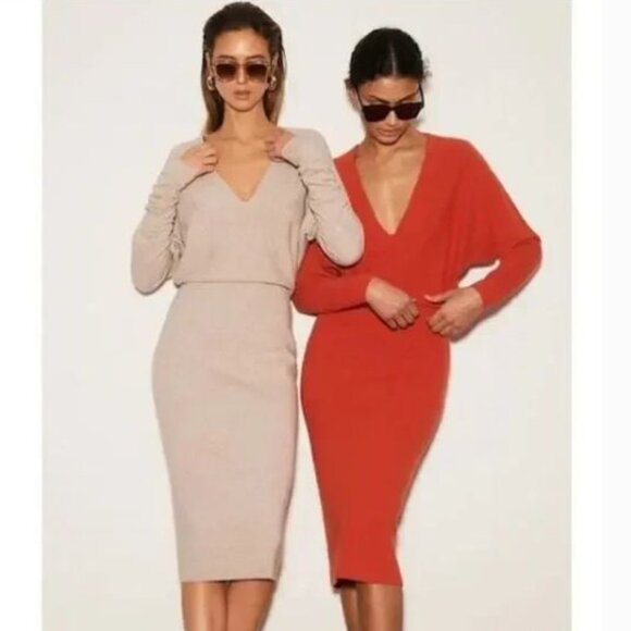 REISS Jenna Red Orange Deep V Neck Midi Sweater Dress S - Picture 1 of 12